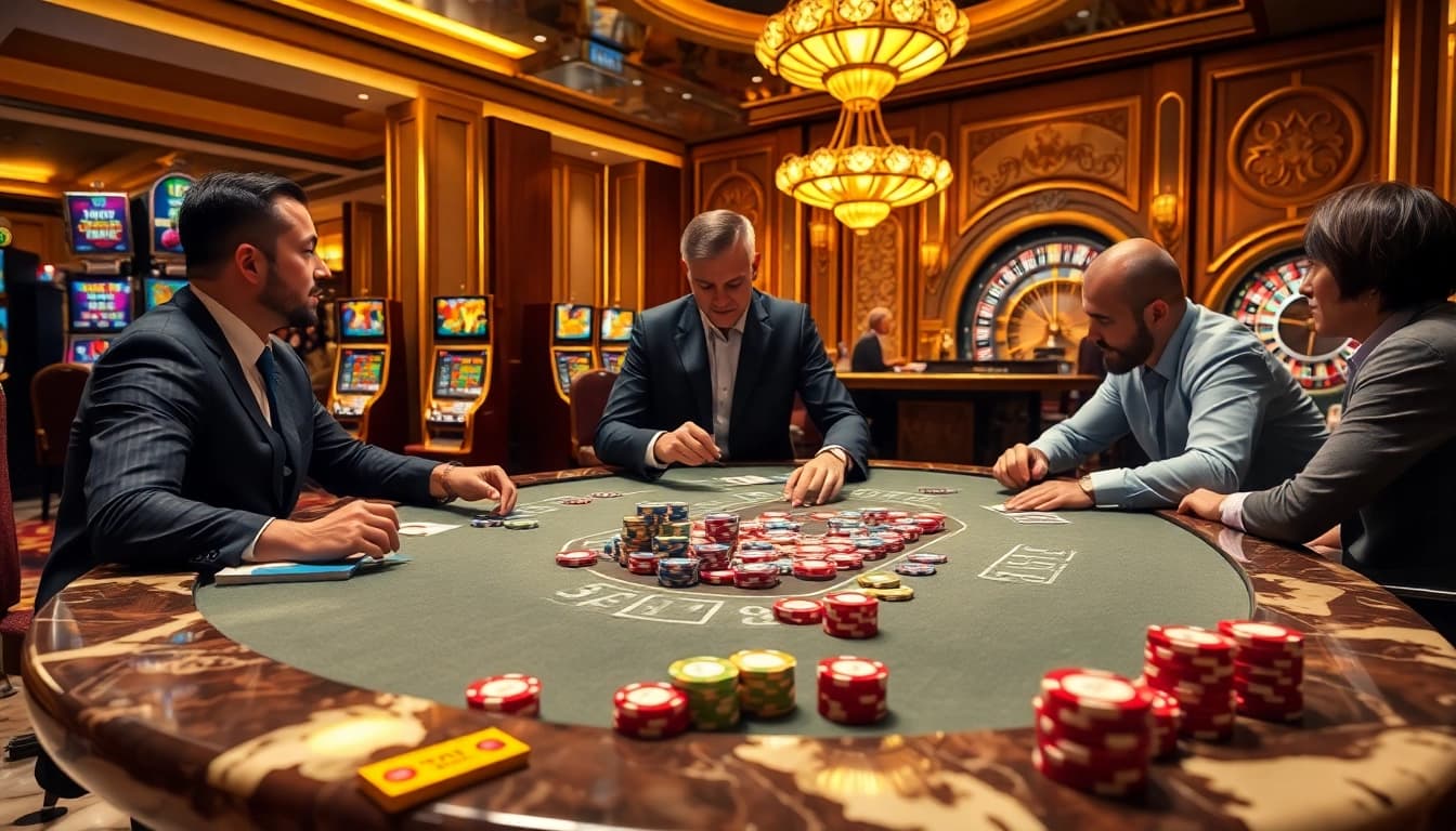 High-stakes poker action at 壹發娛樂 casino with colorful chips and eager players.