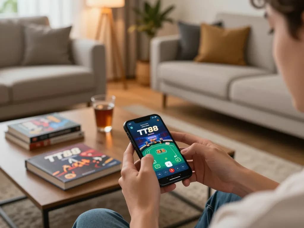 Tải game TT88 on smartphone while enjoying a cozy gaming setup at home.