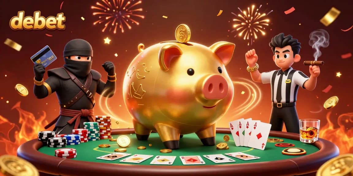 Experience debet winnings with a golden piggy bank sumo wrestler and intense poker elements.