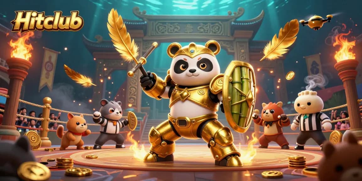 Engage with Hitclub's dynamic casino arena, featuring a panda hero amidst golden tokens and gambler excitement.