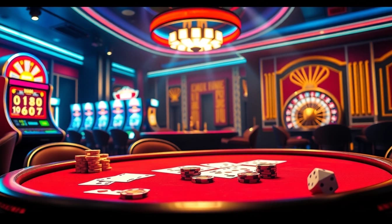 A luxurious casino scene showcasing 69VN with poker, roulette, and slot games, highlighting an exciting gambling atmosphere.