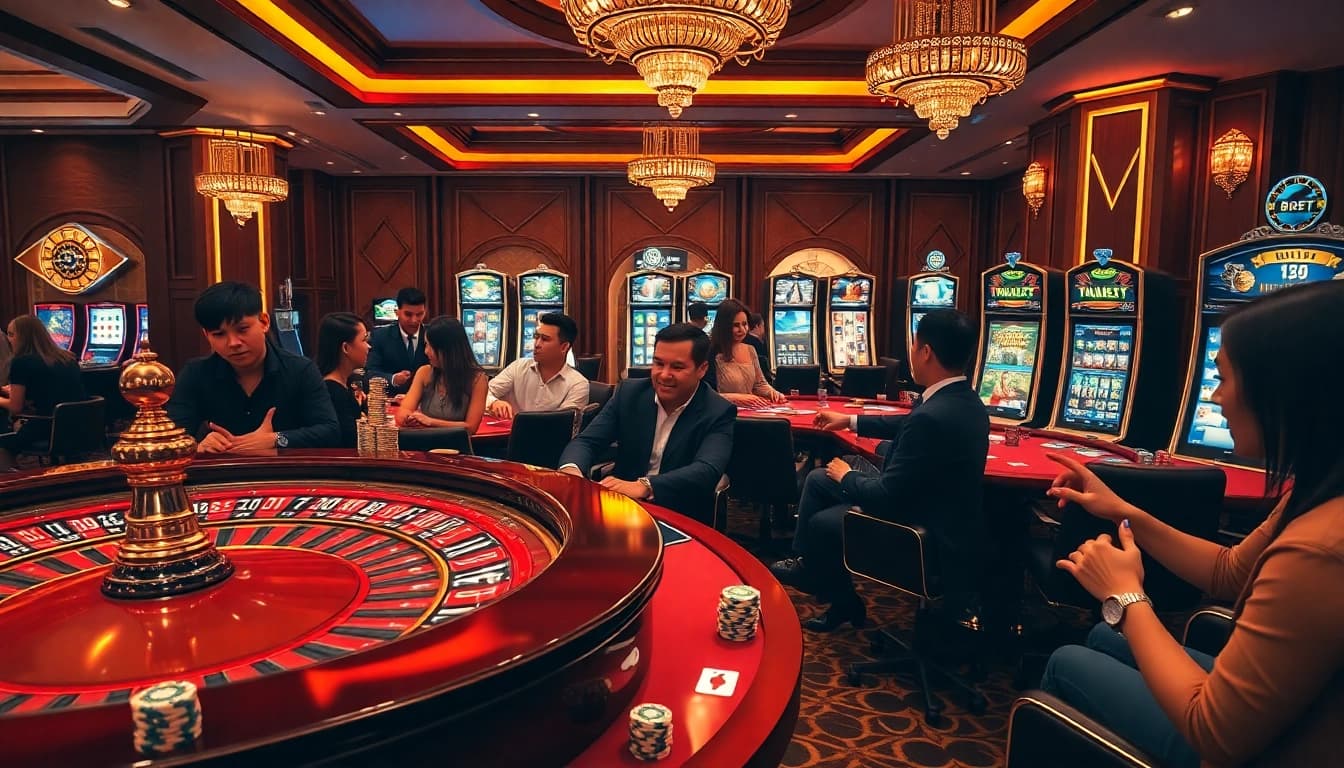 Experience the thrill of 8kbet in a luxurious casino setting featuring poker games and roulette tables.
