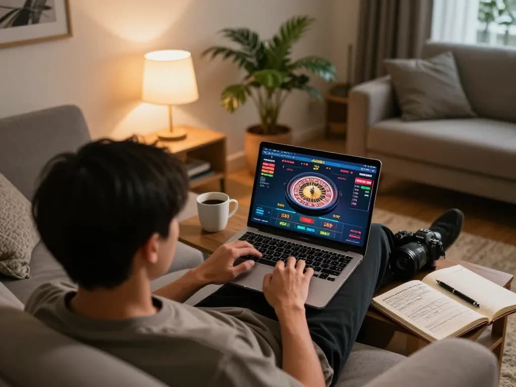 Nyonya9 gameplay in a cozy living room with a laptop displaying a live dealer game.