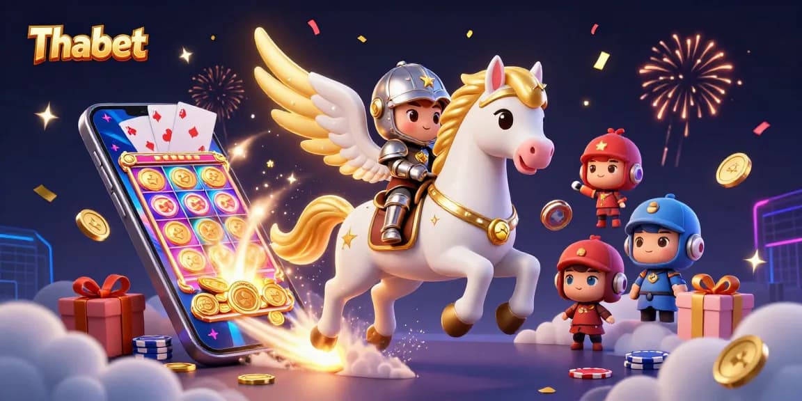 Win at Thabet with a dazzling 3D casino scene featuring a spirited celestial horse, slot games, and vibrant golden coins.