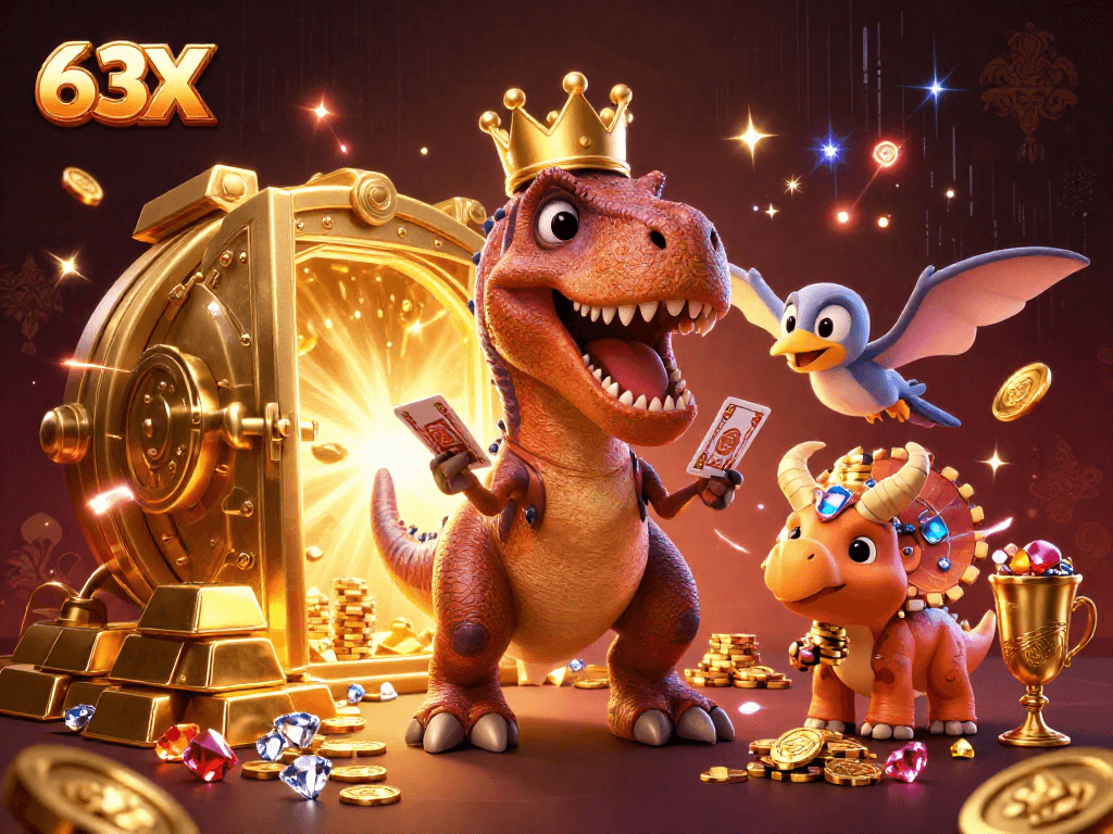 O cassino 63X ganha vida com um T-Rex amigo jogando cartas e um tricerátopo empilhando fichas douradas.