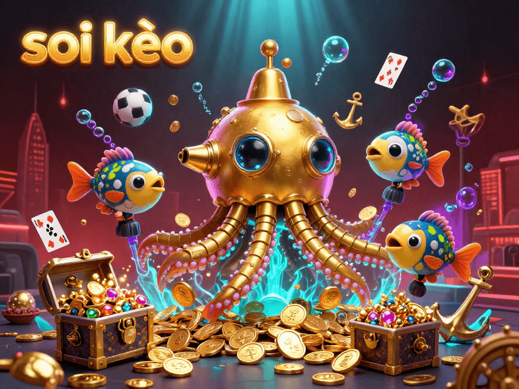 Soi kèo sports betting illustration showing an epic kraken submarine surrounded by coins, soccer balls, and vibrant underwater elements.