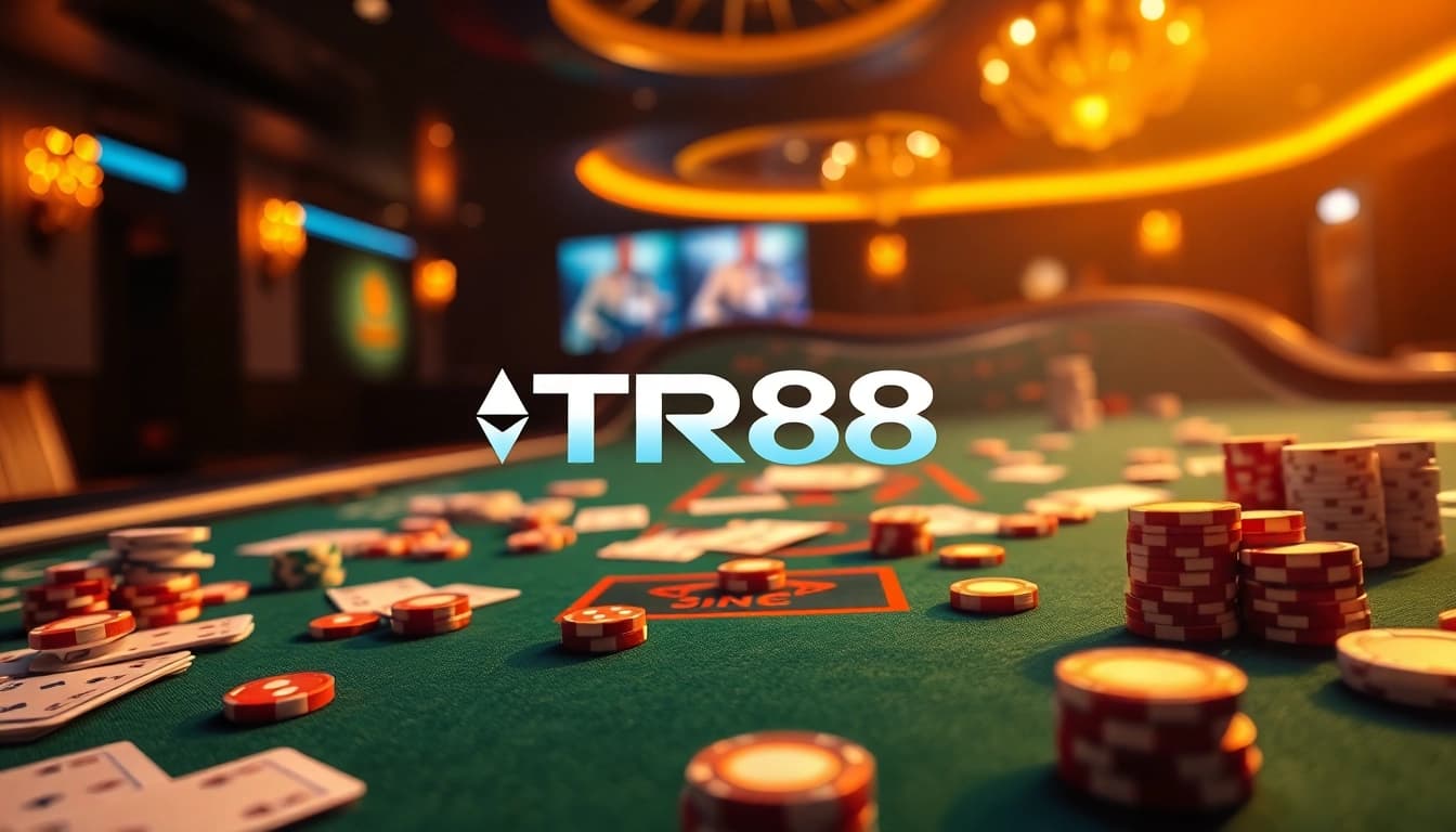 Engaging poker scene featuring TR88 logo and vibrant gambling elements.