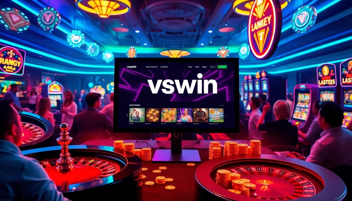 A dynamic casino scene showcasing the excitement of gambling on vswin with vibrant visuals, poker chips, and a roulette wheel.