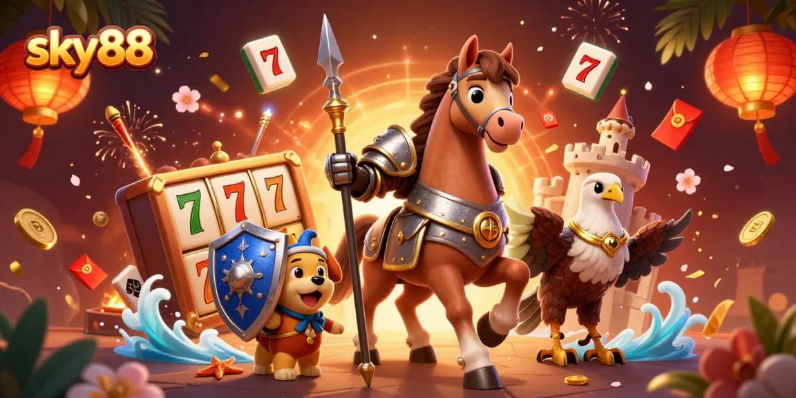sky88 harnesses excitement with a knight and squire puppy amidst vibrant casino elements.