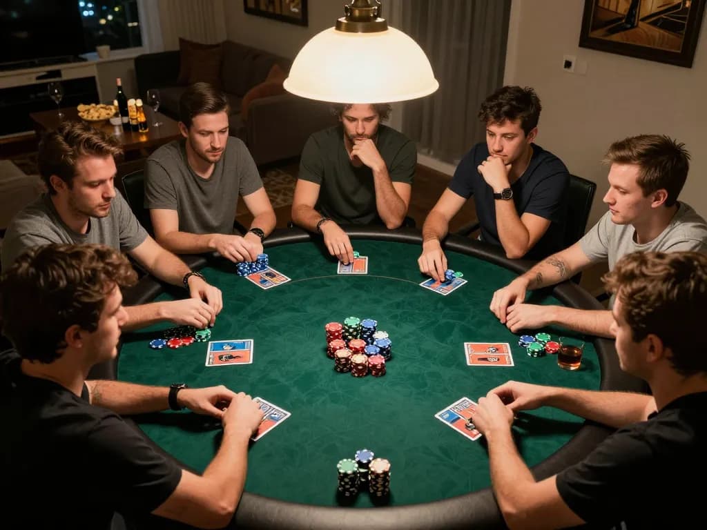 Engaging home poker night scene with dn88 com players demonstrating strategic gameplay and camaraderie.