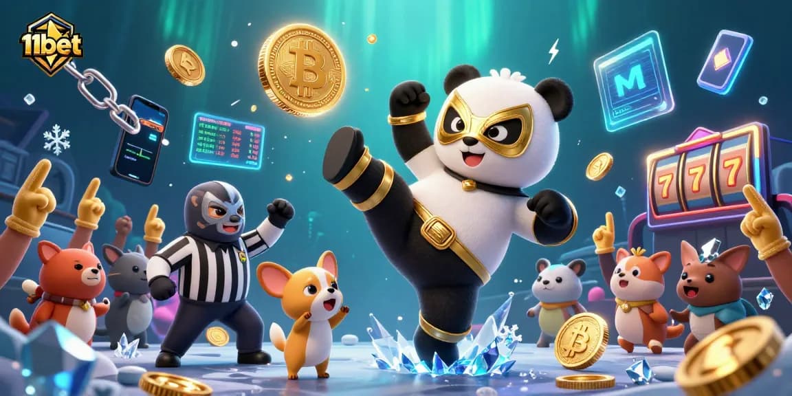 Witness the thrilling action with 11bet as a panda wrestler kicks through a vibrant casino scene.