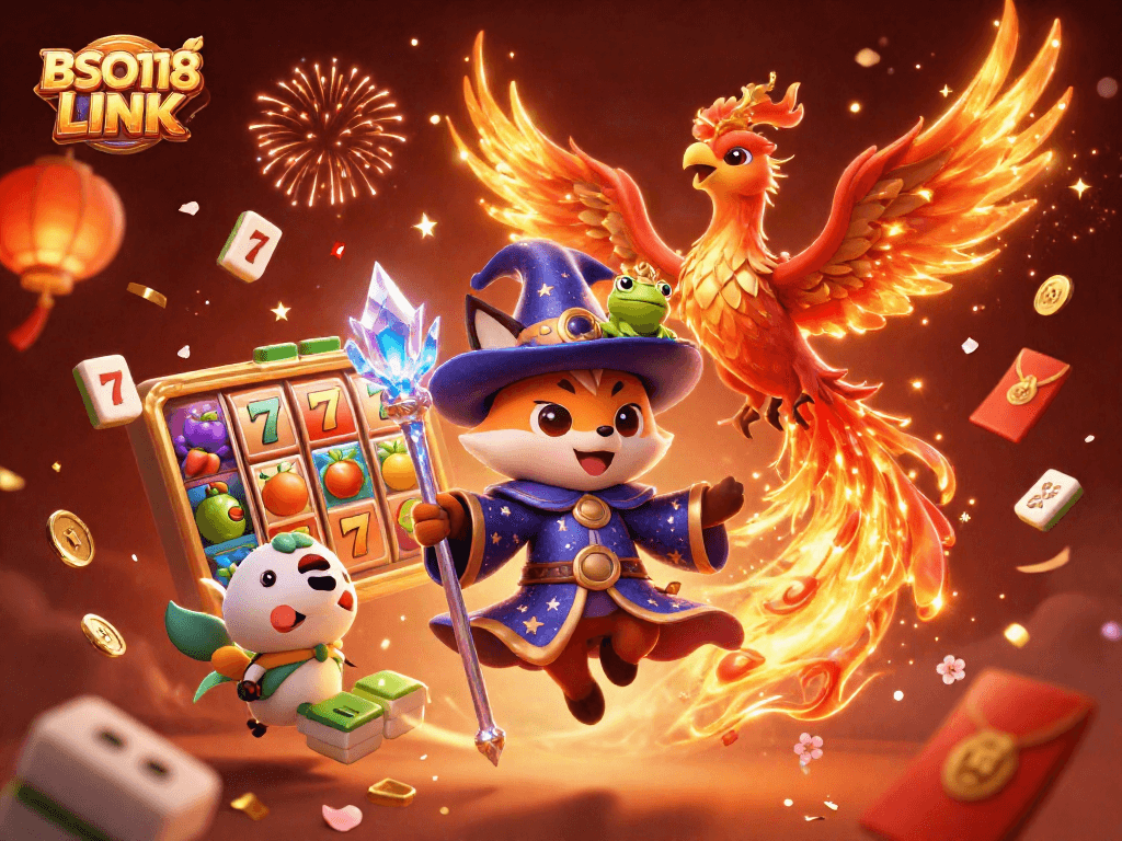 Engage with BSO118 LINK in a vibrant casino-themed 3D illustration featuring a wizard fox and phoenix.