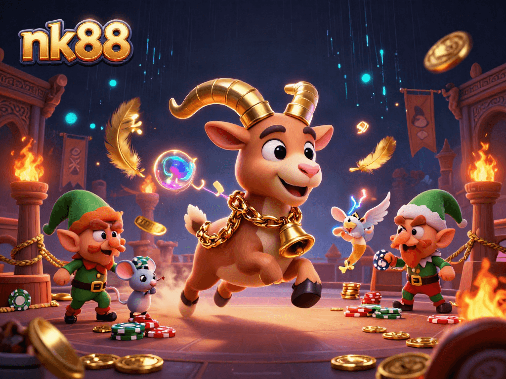 Experience nk88's thrilling holiday-horror casino scene with Krampus and mischievous gremlins stealing chips.