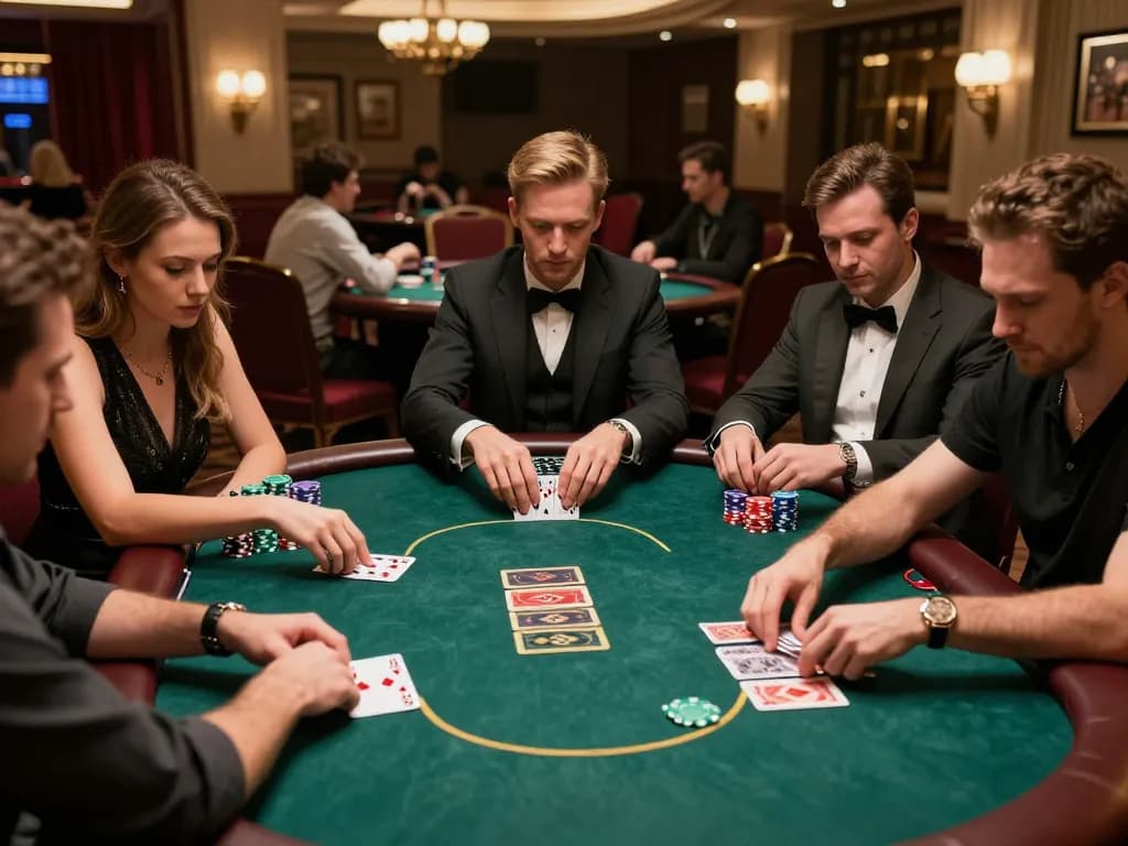32win poker players engaged in a thrilling game, high-stakes action captured in a luxurious casino setting.