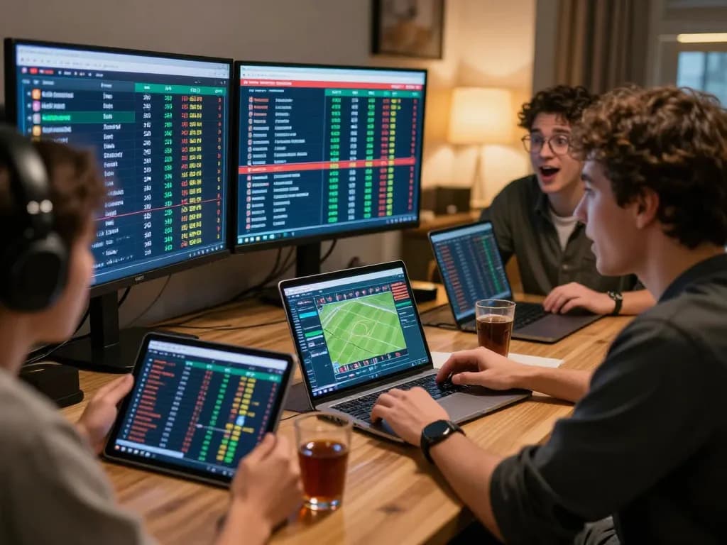 Excited sports bettors analyzing odds on multiple devices, focusing on tylekeo for strategic insights.
