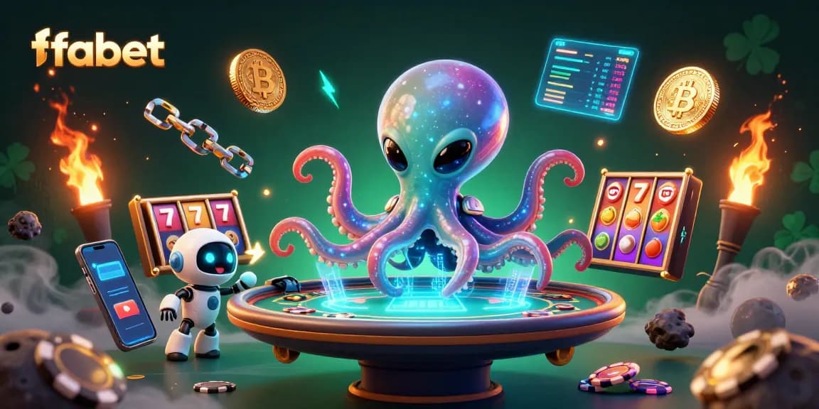 Engage in thrilling slots action with fabet featuring a cosmic octopus and vibrant crypto elements.