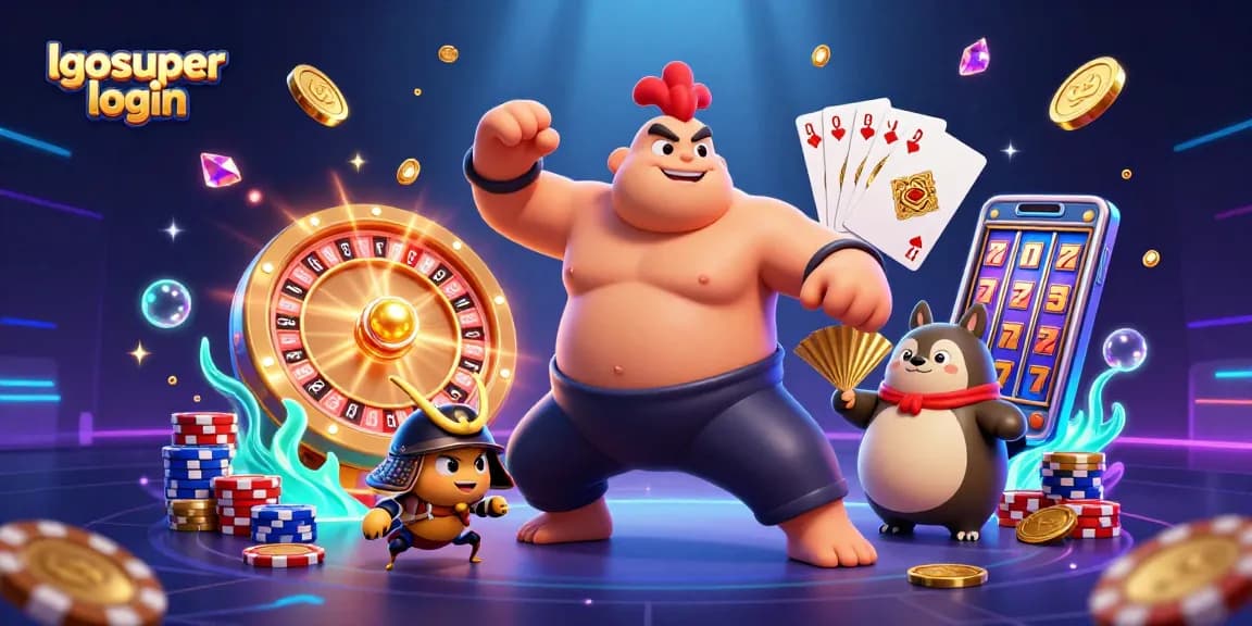 Spin the reels with lgosuper login, featuring a sumo wrestler, fierce cricket, and tanuki announcer amidst casino riches.