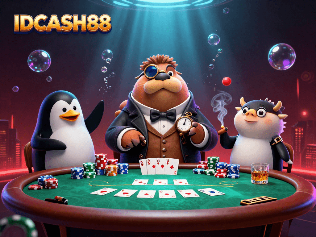 Experience engaging underwater poker with IDCASH88's vibrant casino scene featuring a charming walrus, penguin dealer, and pufferfish player.