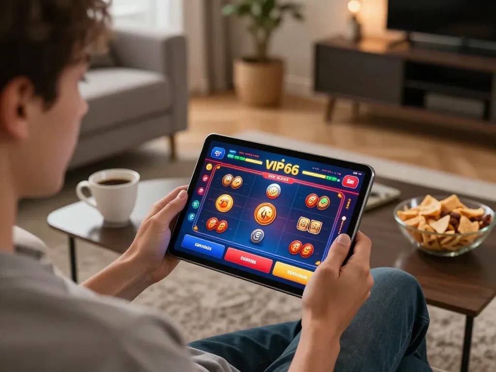Engaged user playing games on vip66 online casino app in a cozy living room setting.
