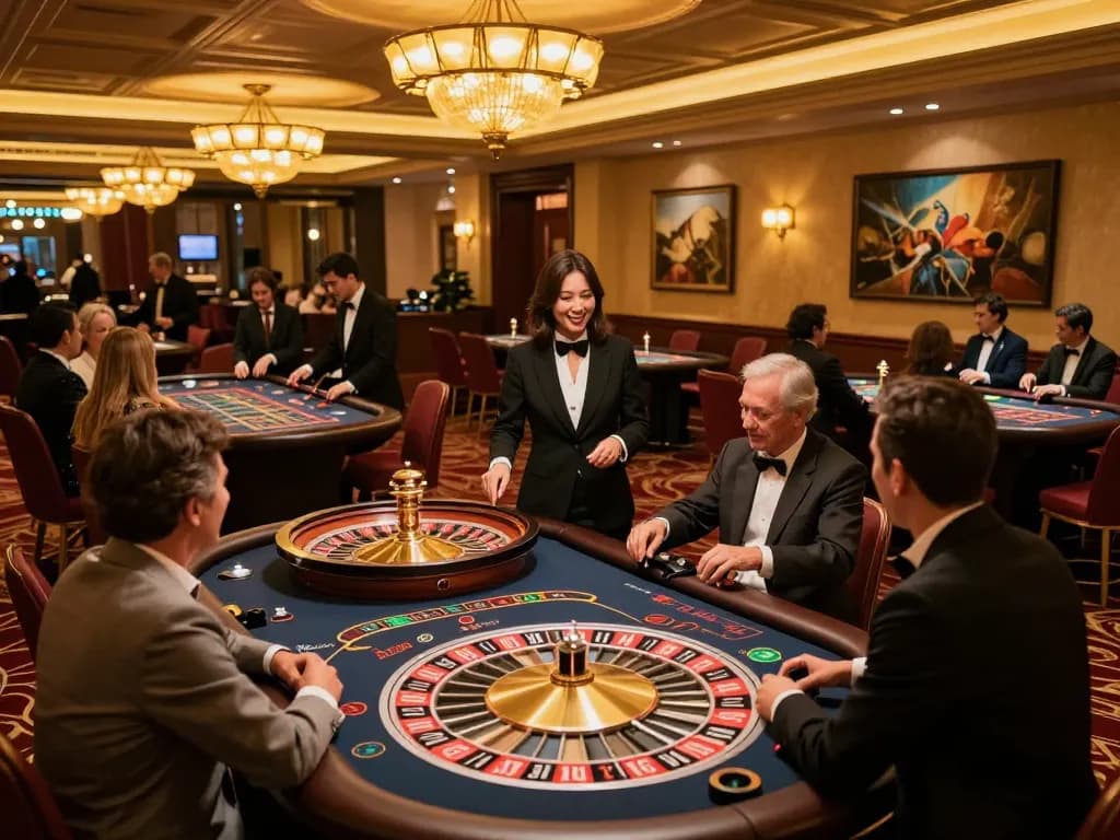 Players engaging in high-stakes action at MB66 roulette tables in a luxurious casino atmosphere.