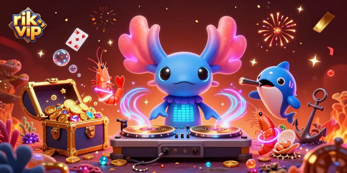 Win big with rik vip at a vibrant underwater casino party, featuring animated characters and treasures.