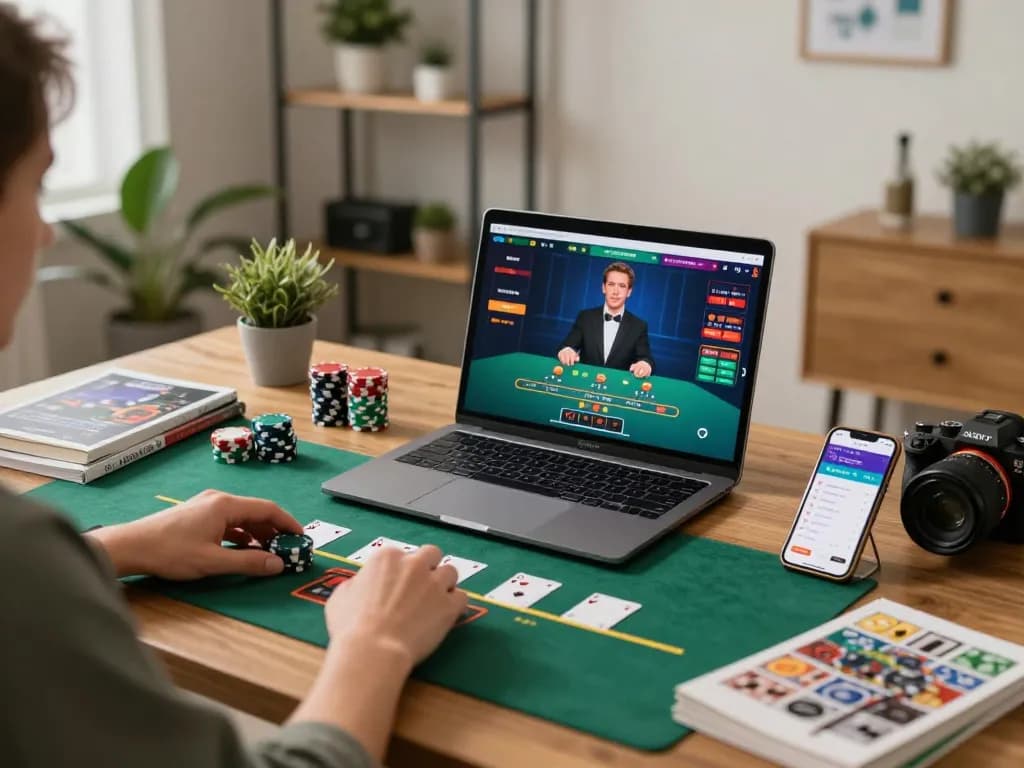 Engaged in an exciting online blackjack game at home with MB66, showcasing strategic play and gaming accessories.