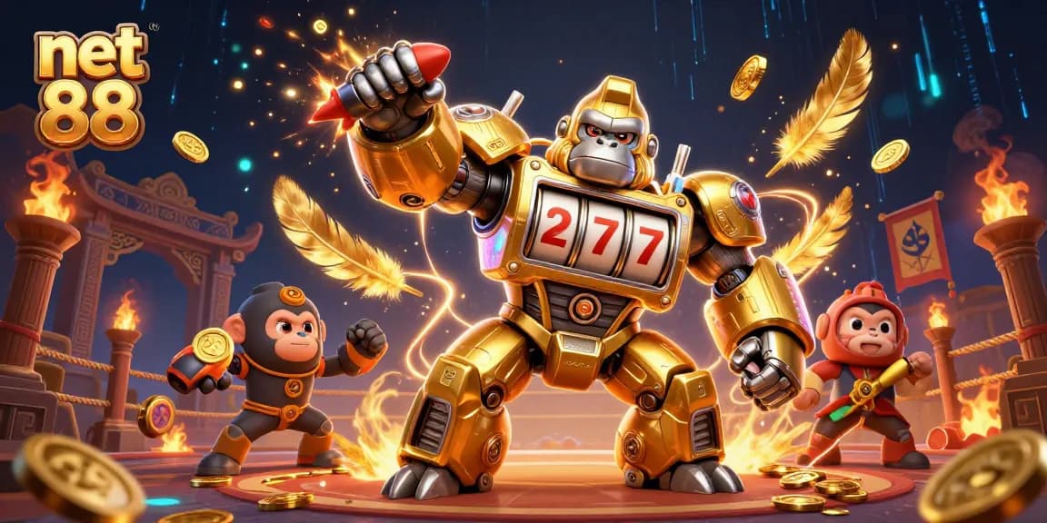 Experience thrilling slot action with net 88's golden gorilla mech slot machine illustration.