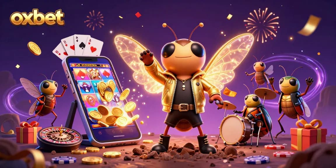 Engage with exciting gaming action at oxbet, featuring a vibrant 3D casino illustration of characters celebrating around popular games.