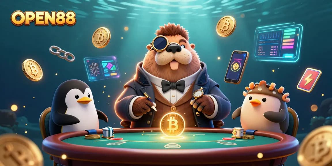Play poker with OPEN88's vibrant 3D scene featuring delightful underwater characters and crypto elements.