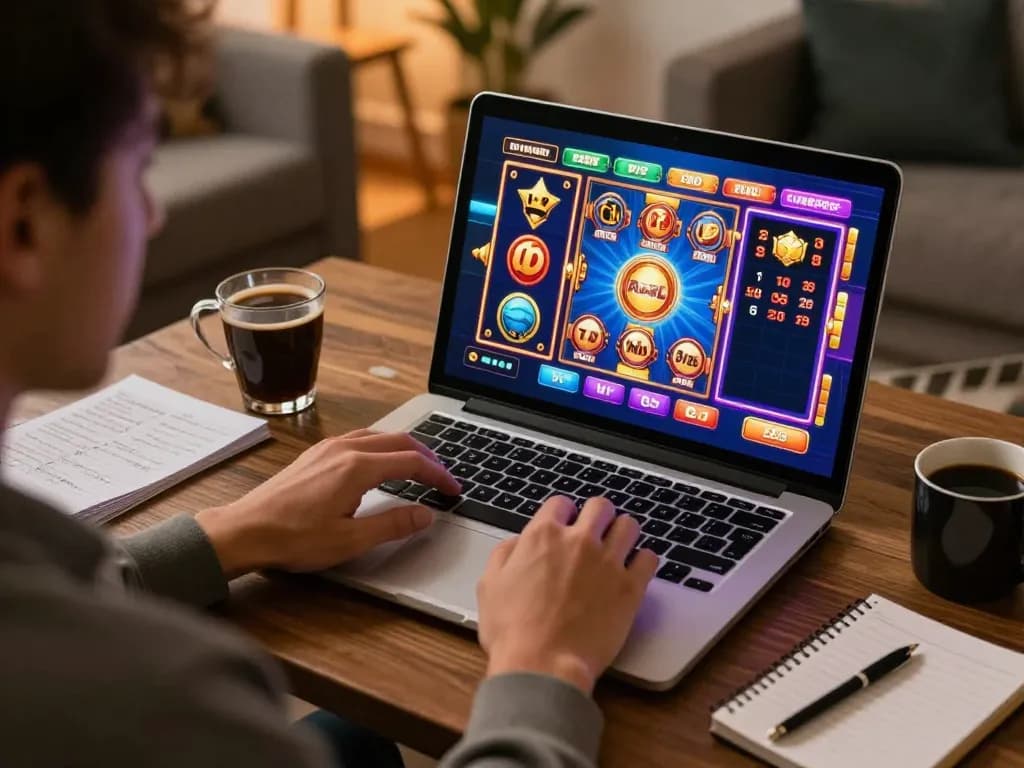 Engaged player enjoying online gaming on rikvip platform, strategic planning with notes alongside.