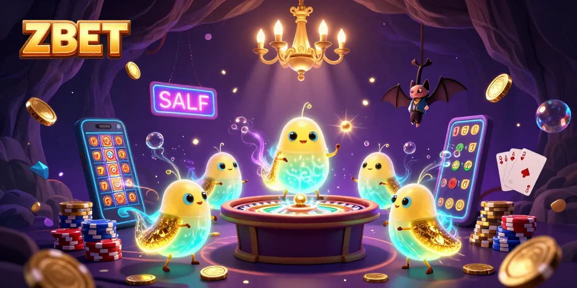 ZBET illuminates a vibrant casino scene with glowing glowworms, a bat dealer, and dynamic games.