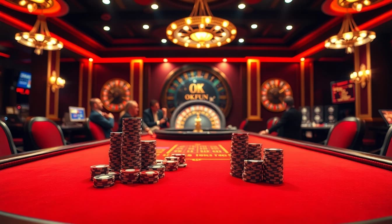 Experience high-stakes gambling at OKFUN's luxurious poker table illuminated by vibrant casino lights.