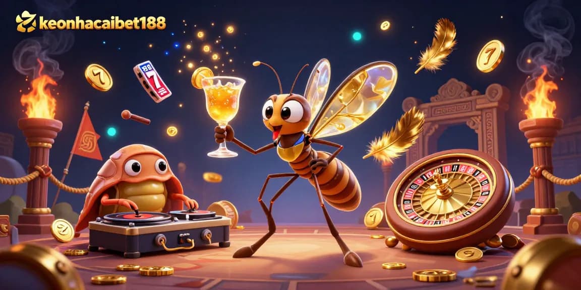 Join the action at keonhacaibet188 with a vibrant scene of casino characters and gaming elements.