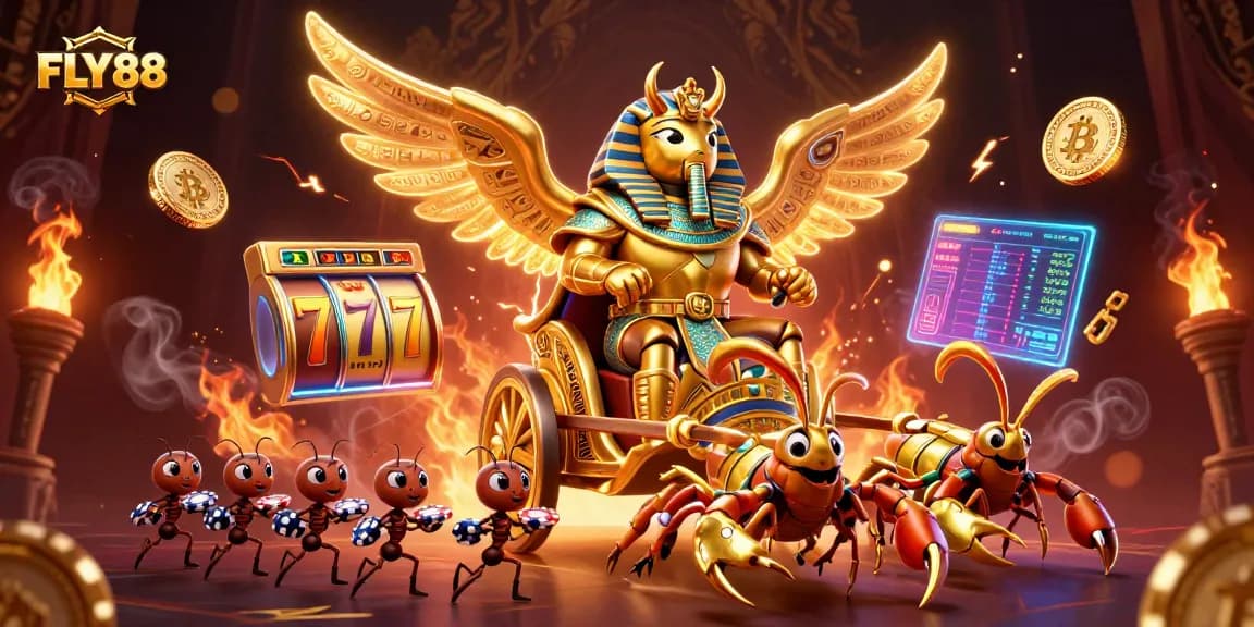 FLY88 showcases a colossal golden scarab and jewel-encrusted elements capturing an exciting casino adventure.