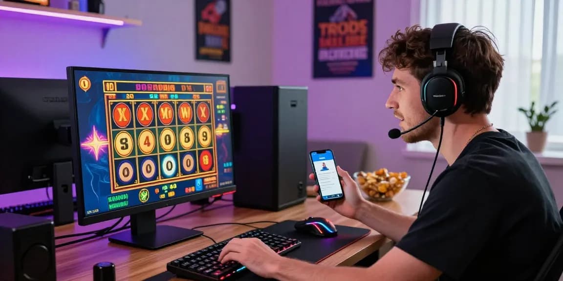 Engaged player enjoying non UK casinos at home, vibrant gaming setup with neon lights and colorful slot game.