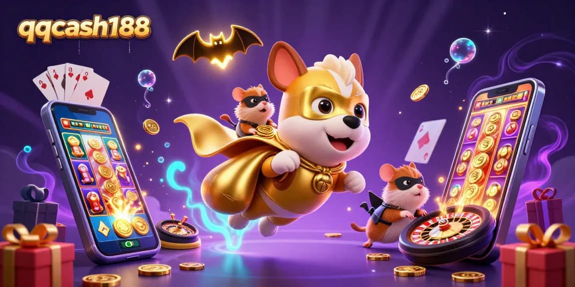 Engage with qqcash188: Fun-packed 3D illustration featuring characters amidst vibrant slot games and casino elements.