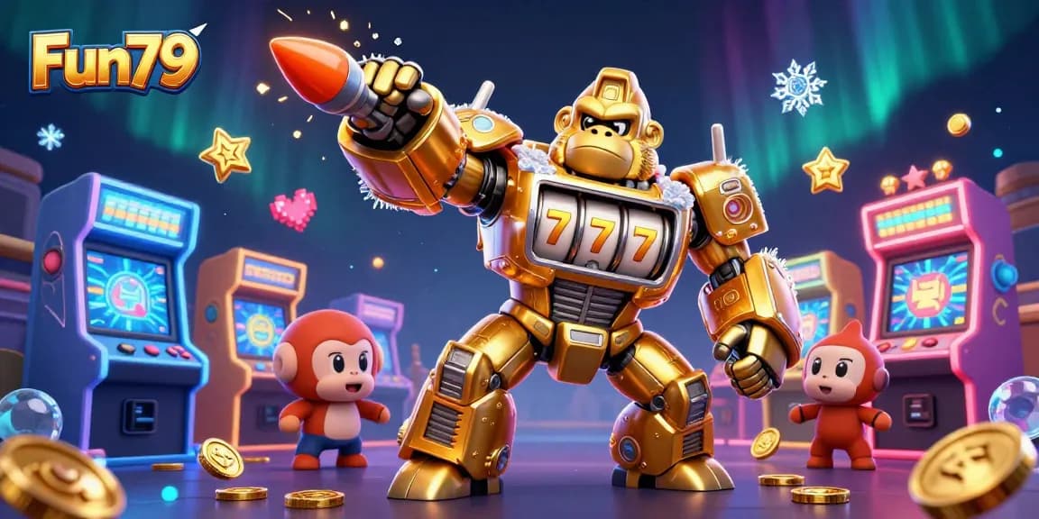 Fun79 gorilla mech blasting coins in a dynamic casino-themed digital scene.