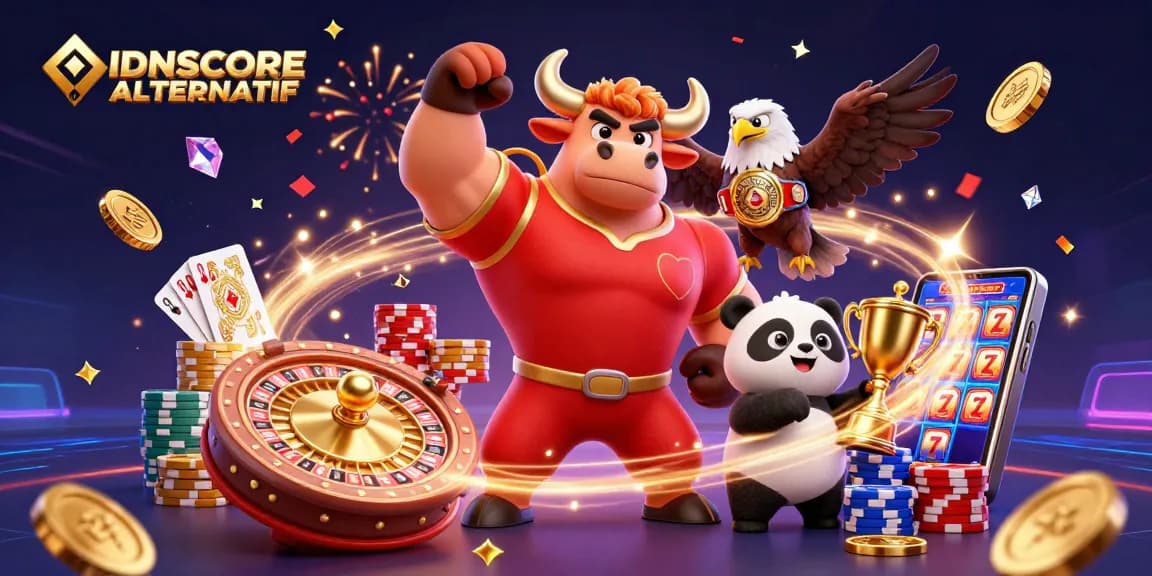 Engage in thrilling gameplay at IDNSCORE ALTERNATIF with a vibrant 3D casino illustration showcasing a bull mascot, eagle, and panda celebrating amidst casinos.