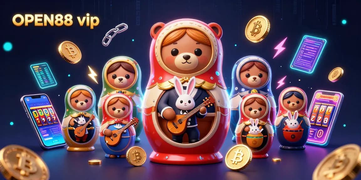Engage in a vibrant scene of OPEN88 vip with cartoon bears and crypto elements in a casino atmosphere.