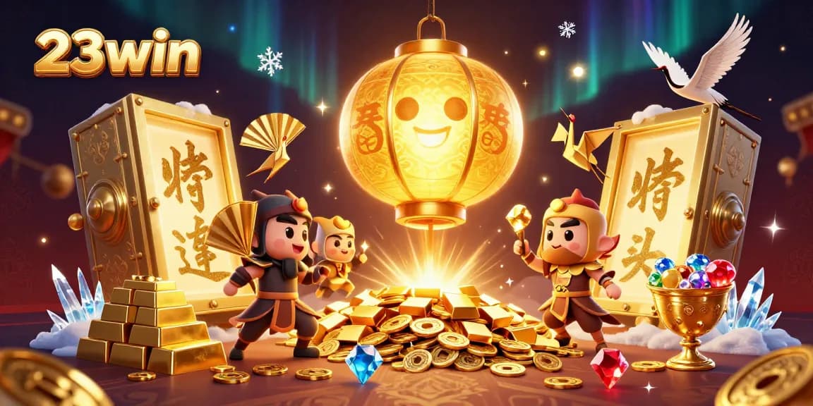 23win captivates gamers with its vibrant 3D casino illustration, showcasing treasure and interactive characters.