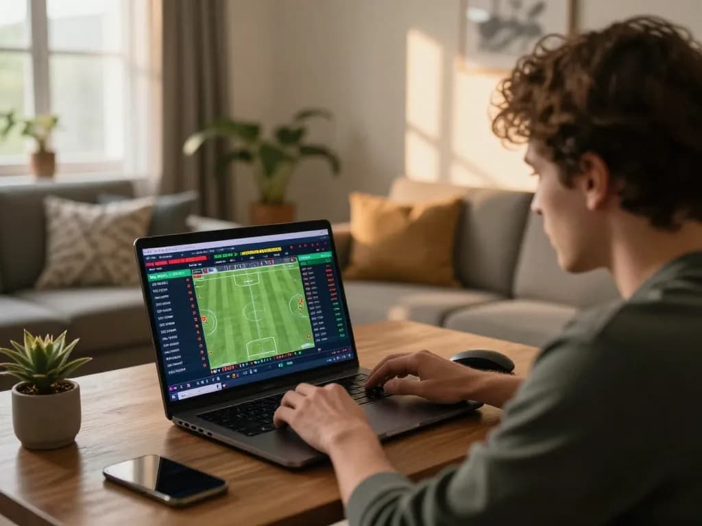 Engaging in sports betting on https://www.mnm88.com/ from a cozy home setup with laptop screen displaying live odds