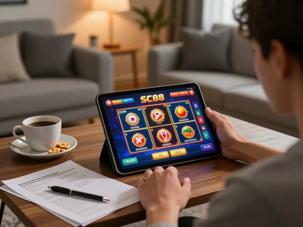 Engaging in online SC88 casino gaming with strategy notes at cozy home setting.