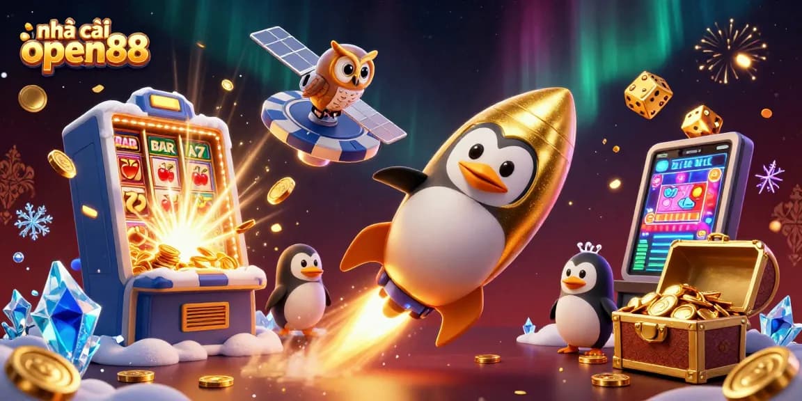 Experience the excitement of nhà cái open88 with vibrant casino elements and a playful golden penguin.