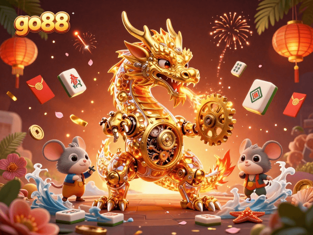 Experience thrilling action with go88's vibrant 3D illustration featuring a golden dragon amidst casino elements.