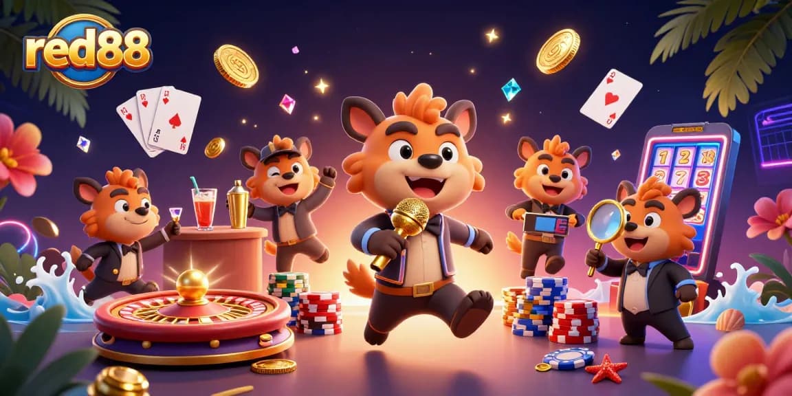 red88 hyenas running a vibrant casino club with golden coins and slot machines