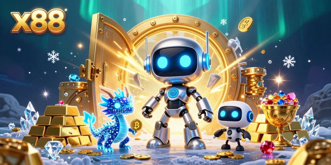 Experience exciting x88 gaming with a vibrant 3D cyberpunk scene filled with treasures and unique characters.