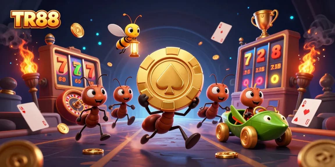 Experience thrilling heist action with TR88's unique casino-themed illustration featuring animated ants and gaming elements.
