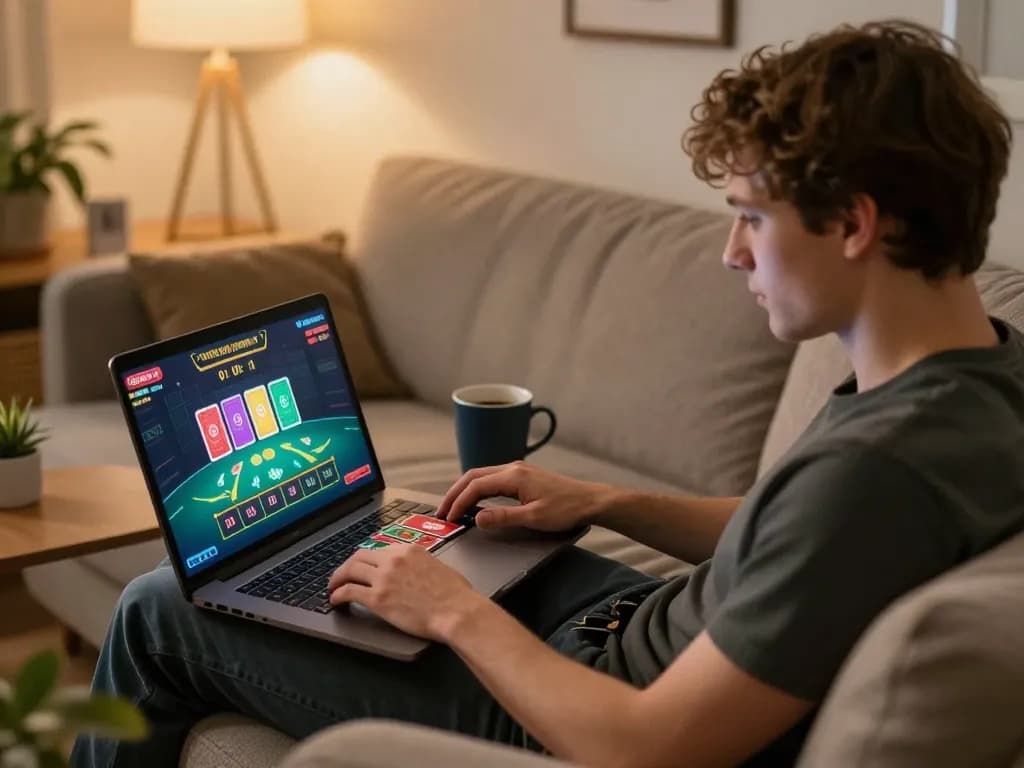 Person engaging in online casino gaming at home, showcasing kp88220 blackjack interface on laptop, warm and inviting atmosphere.