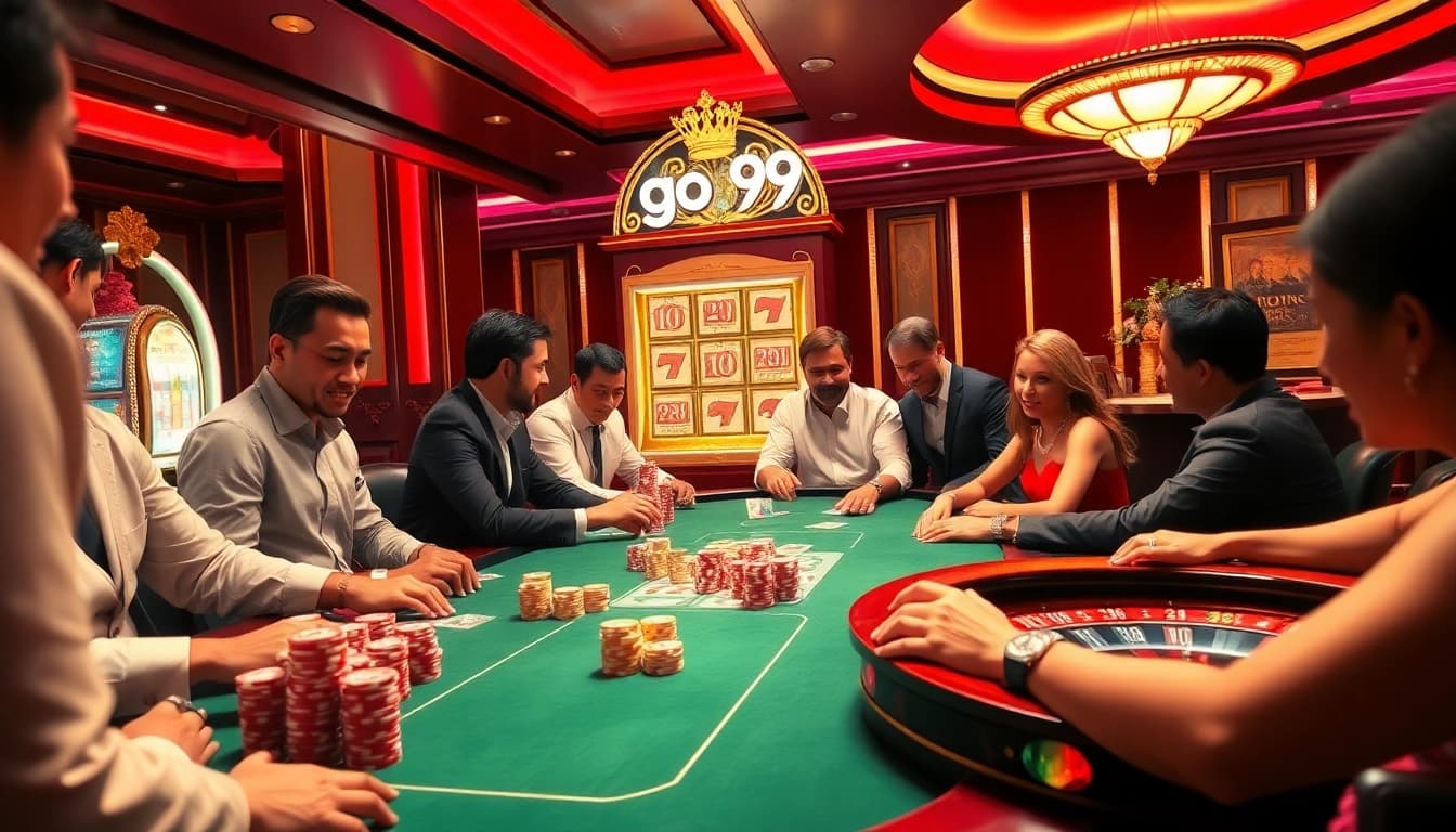 Experience the thrill of go99 in a vibrant casino setting with poker tables and slot machines.