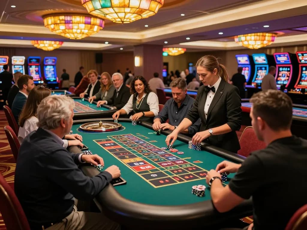 Players excitedly placing bets at a roulette table in a vibrant casino scene, showcasing TR88 gaming action.